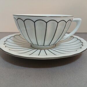 Harbor East "Let Us Entertain You" Black and White Striped Coffee/Teacup w/Sauc